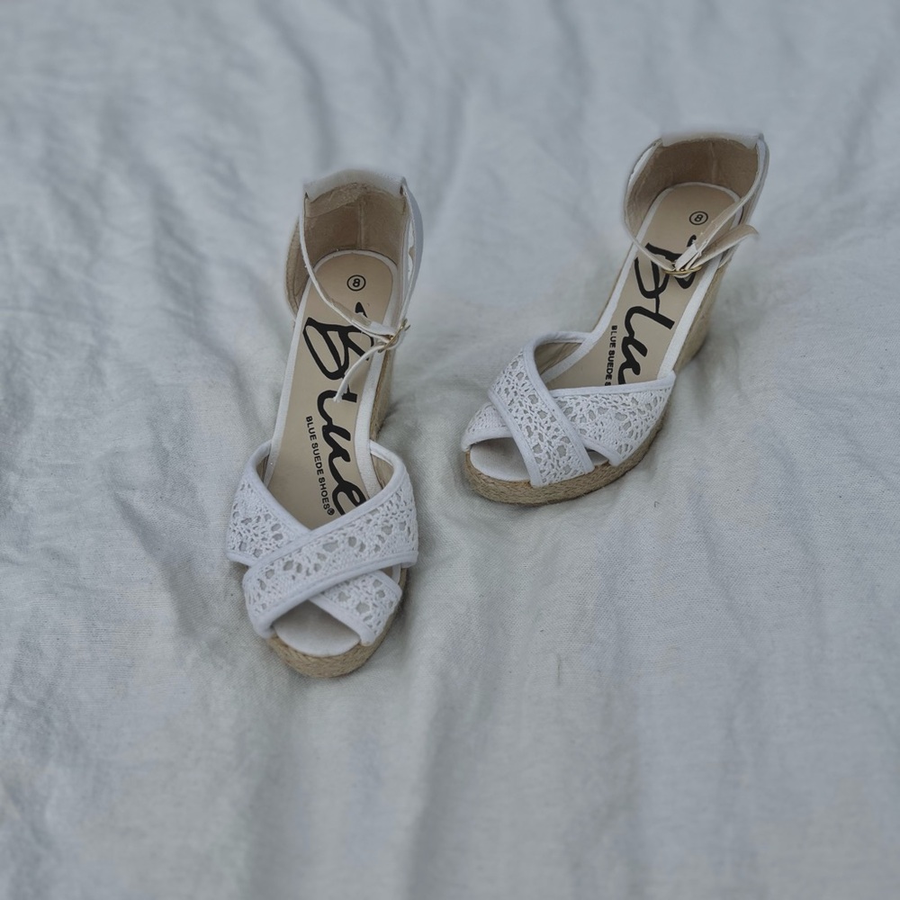 White beachy woven heels